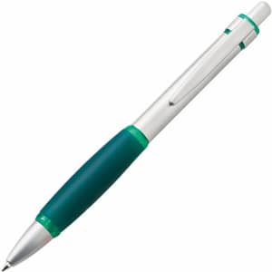 A metal pen with a green rubber grip and silver accents, featuring a clip and a logo.