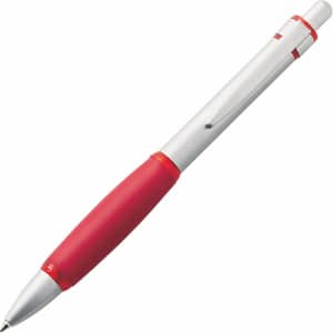 A silver and red metal pen with a smooth design, featuring a clip and a rubber grip. It includes a logo on the barrel.