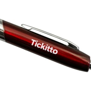 A red plastic pen with a metallic finish and a clip, featuring a logo on the side.