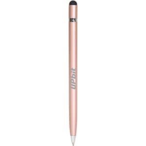 A metal pen in a rose gold colour with a stylus tip at one end and a branding logo.