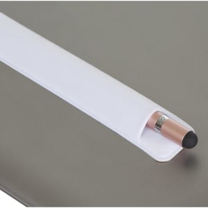 A metal pen with a rose gold finish, featuring a rubber tip, placed in a white holder on a grey surface.
