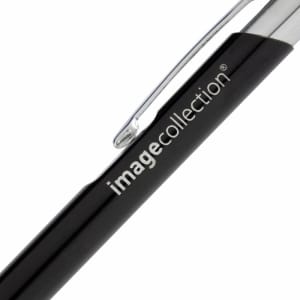 A metal pen with a sleek black body and a shiny silver clip, featuring a logo on the side.