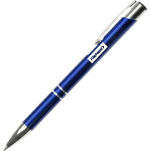 A blue metal pen with a shiny silver clip and detailing, featuring a logo on the barrel.