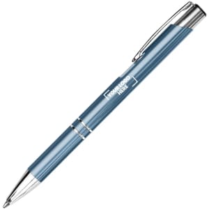 A metal pen in a blue finish with chrome accents and a clip, featuring a logo placeholder.