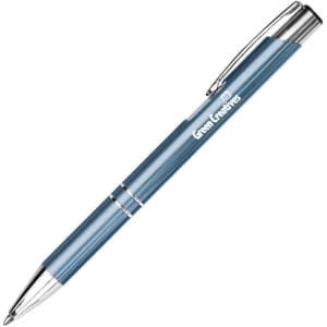 A metal pen in a sleek blue finish with silver accents and a clip, featuring a logo.
