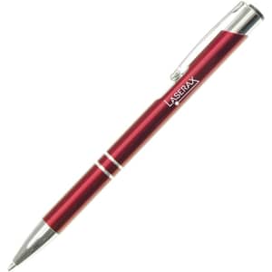 A red metal pen with silver accents and a clip, featuring a logo.