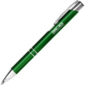A green metal pen with a shiny finish and a clip, featuring a logo on its barrel.