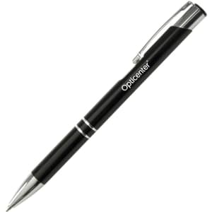 A metal pen featuring a sleek black design with silver accents and a clip, branded with a logo.