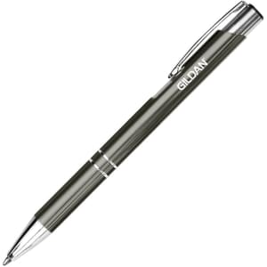 A metal pen in olive green with chrome accents, featuring a branding logo.