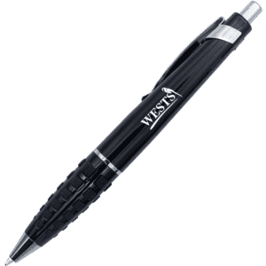 A black metal pen with a textured grip and a silver clip, featuring a logo.