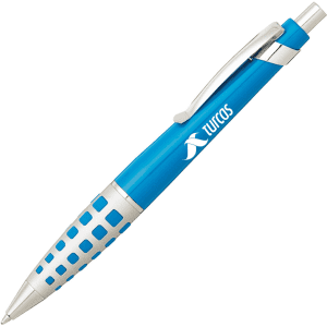 A blue metal pen featuring a patterned grip and a silver clip, with a logo on the barrel.