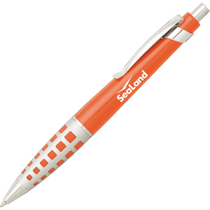 An orange metal pen with a silver clip and a logo on the side, featuring a patterned grip.