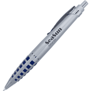 A silver metal pen with a textured blue grip and a logo on the body.