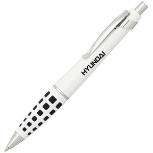 A metallic pen in white with a black patterned grip, featuring a logo.