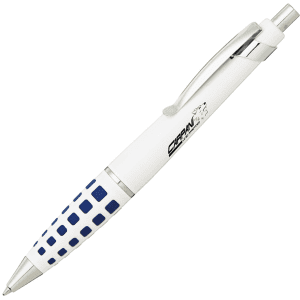 A metal pen featuring a white body and blue patterned grip, with a clip and branding logo.