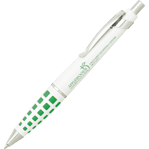 A metal pen featuring a green and white design, with a textured grip and a logo.