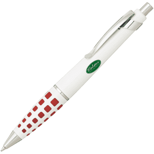 A white metal pen featuring a red square pattern and a clip, with a logo on its barrel.