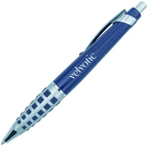A blue metal pen with a patterned grip and a silver clip, featuring a logo on the barrel.