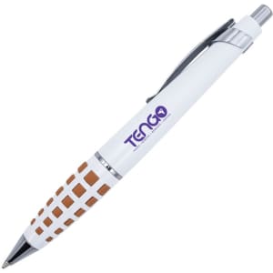 A metal pen with a white barrel and brown patterned grip, featuring a logo on the side.
