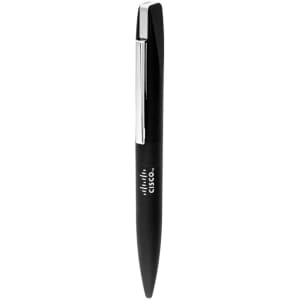 A black slim pen with a chrome clip and branding on the side.
