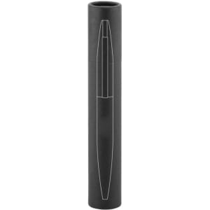 A slim black pen displayed in a cylindrical black packaging. The pen has a sleek design and features a logo.