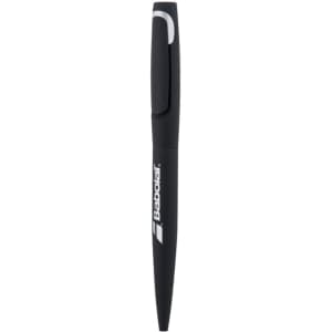A black metal pen with a sleek design and a clip, featuring a logo on its side.