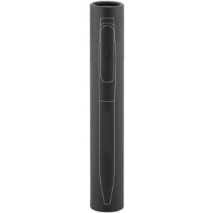 A black metal pen is displayed within a matching cylindrical case, featuring a simple design and a logo.