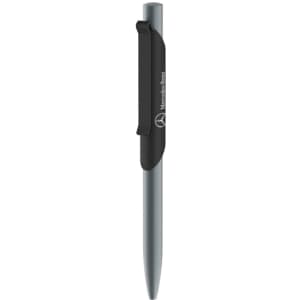 A sleek grey metal pen with a black clip and a logo on the side, ideal for writing.