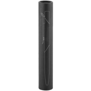 A metal pen in a sleek black tube packaging, featuring a simple branding logo on the exterior.