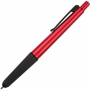 A red 2 in 1 stylus pen with a black rubber grip and a sleek metal body. It features a logo on the barrel.