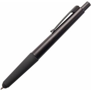 A black 2 in 1 stylus pen with a comfortable grip and a clip for easy attachment. It includes a branding logo.