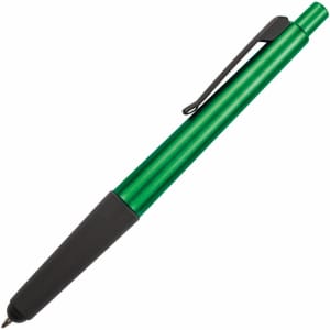 A green 2 in 1 stylus pen with a black grip and clip. It features a sleek, metallic design.