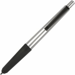 A silver and black 2 in 1 stylus pen with a sleek design and a rubber grip. Features a logo on the body.