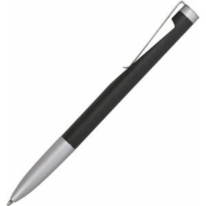 A metal pen with a sleek black grip and a silver tip, featuring a clip and a logo.