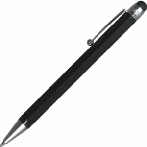 A sleek black stylus pen with a silver tip and clip, featuring a textured grip and a logo.