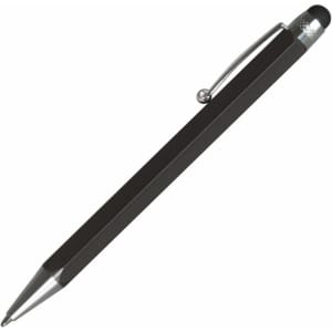 A stylus pen with a sleek black body and silver tip, featuring a clip and a logo on the side.