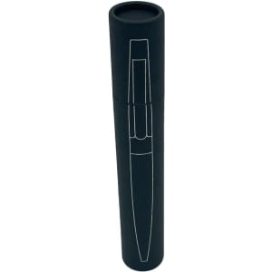 A sleek black metal pen with a matching cylindrical case, featuring a subtle logo design.