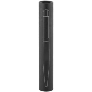 A black metal pen displayed in a cylindrical case, featuring a minimalistic design and a logo.