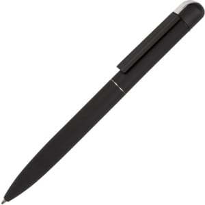 A black metal pen with a sleek design and silver accents. It features a clip and a branding logo.