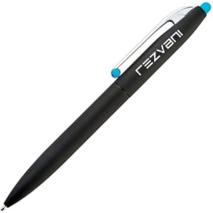 A black pen with a silver clip and a turquoise accent, featuring a logo on the barrel.