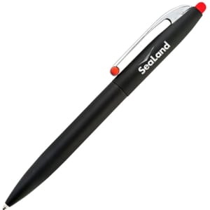 A black pen with a chrome clip and a red tip, featuring a branding logo.