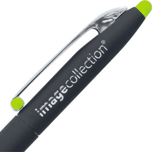 A black pen with a green tip and clip, featuring a branding logo on the barrel.