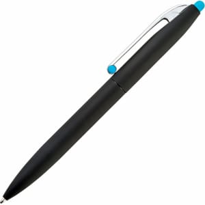 A black pen with a silver clip and a turquoise accent on the top. It features a sleek design and a branding logo.