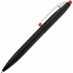 A black pen with a chrome clip and a red top, featuring a branding logo on the body.