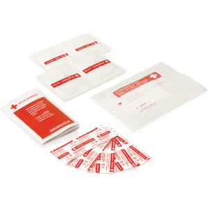 A waterproof first aid kit in white packaging, featuring bandages and medical supplies, with a logo visible.
