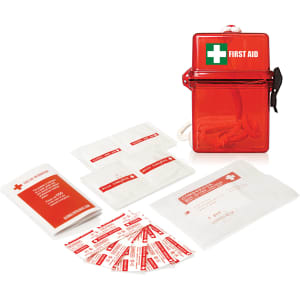 A waterproof red first aid kit containing 15 pieces, including plasters and antiseptic wipes, with a branding logo.