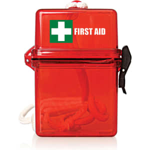 A bright red waterproof first aid kit with a white cross symbol and a black clasp closure.