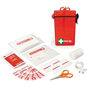 A red waterproof first aid kit containing bandages, scissors, adhesive strips, and gauze. Includes a branded case.