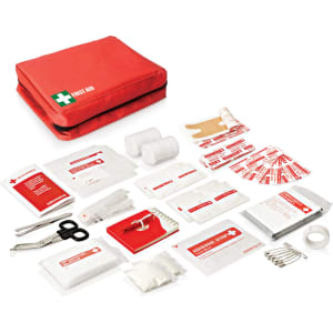A red first aid kit with various supplies including bandages, gauze, scissors, and adhesive strips.