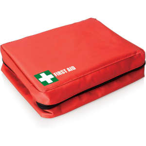 A red first aid kit with a zip closure and a green and white logo featuring a cross.